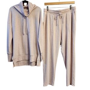 Talbots Airknit Stretch Funnel Neck Wide Leg Pant Pink Gray Lounge Set, M